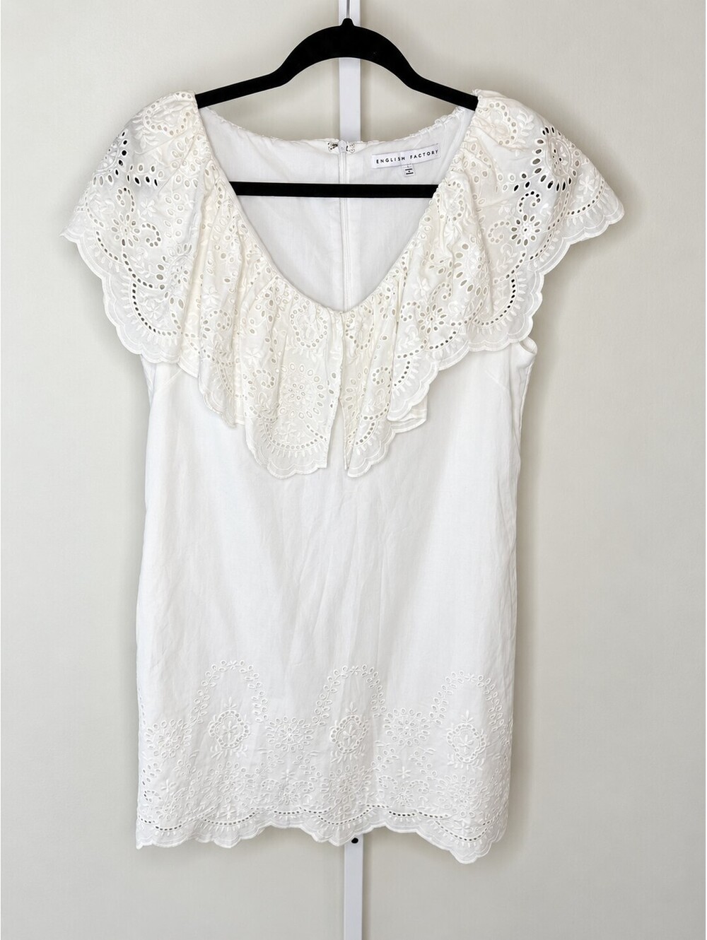 English Factory White Eyelet Ruffle Collar Mini Shift Dress Size M